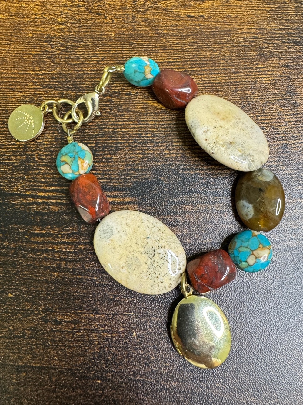 Handcrafted Multicolor Stone Locket Bracelet - Turquoise, Red & Cream